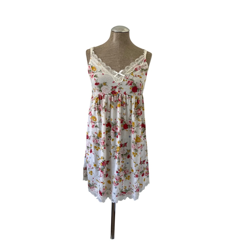 Avidlove Floral Lace Trim Nightgown XL White Rose Print Empire Waist Chemise